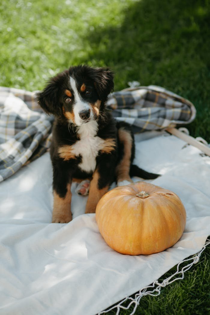 Cute Bernese Mountain Dog puppy sitting on a blanket next to a pumpkin outdoors.